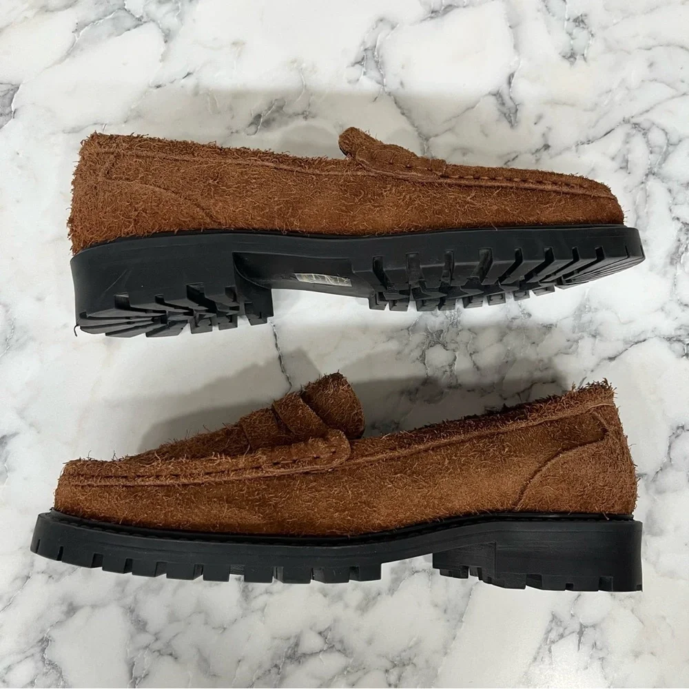 Maeve Brown Lug Suede Loafers Textured Raw Leather Natural Furry Penny Chunky 38